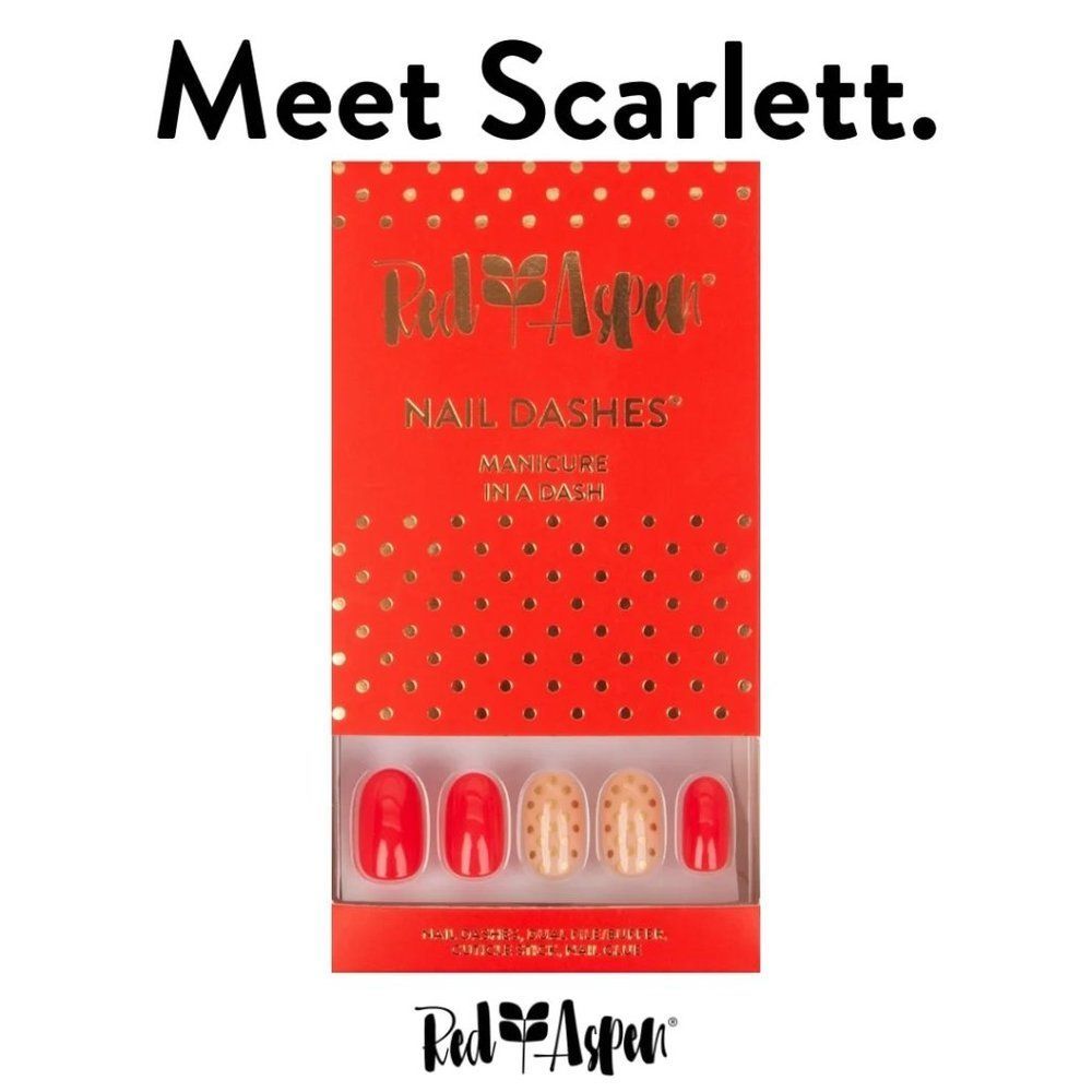 NIB Red Aspen "Lovely Scarlett" Nails – Medium Round Ruby Red & Gold